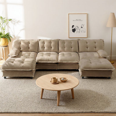 138" U-Shaped Modern Sectional Cloud Couch with 2 Ottomans, Modular Deep Seat Sofa Chenille Fabric, 4-Seat Comfy Lattice Cushion Sofa for Living Room, Bedroom & Apartment