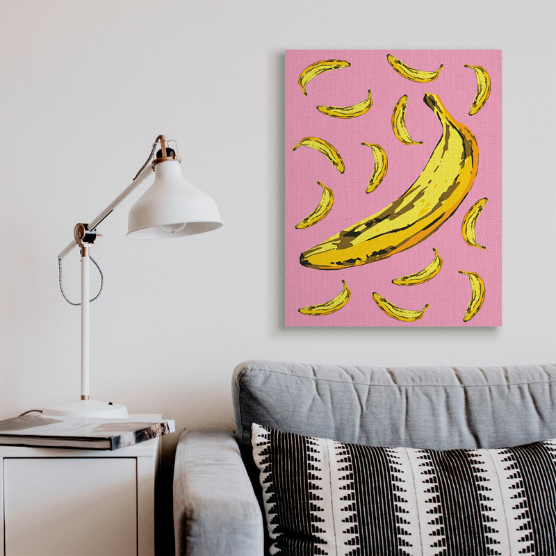 Bananes mûres fantaisistes, fruits tropicaux, jaune, rose, Toile tendue, H 40 po x l 30 po