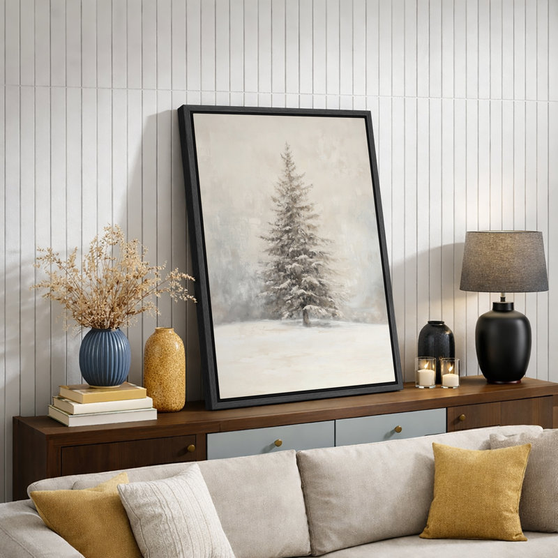Œuvre de sapin enneigé enneigé, photos murales neutres de vacances rustiques modernes, impression sur toile encadrée