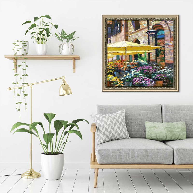 «Siena Flower Market II» par Howard Behrens - Peinture, H 37,5 po x l 37,5 po x P 1 po, Encadrement champagne
