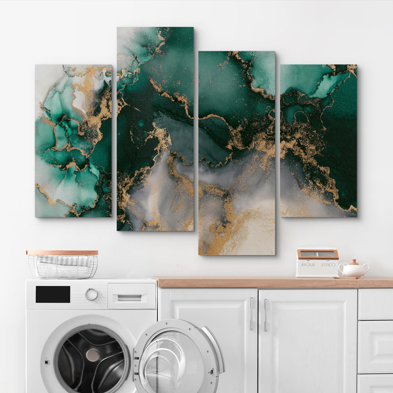 Smoke Effect " Emerald Green Gold Abstract " 4 Piece Art Set