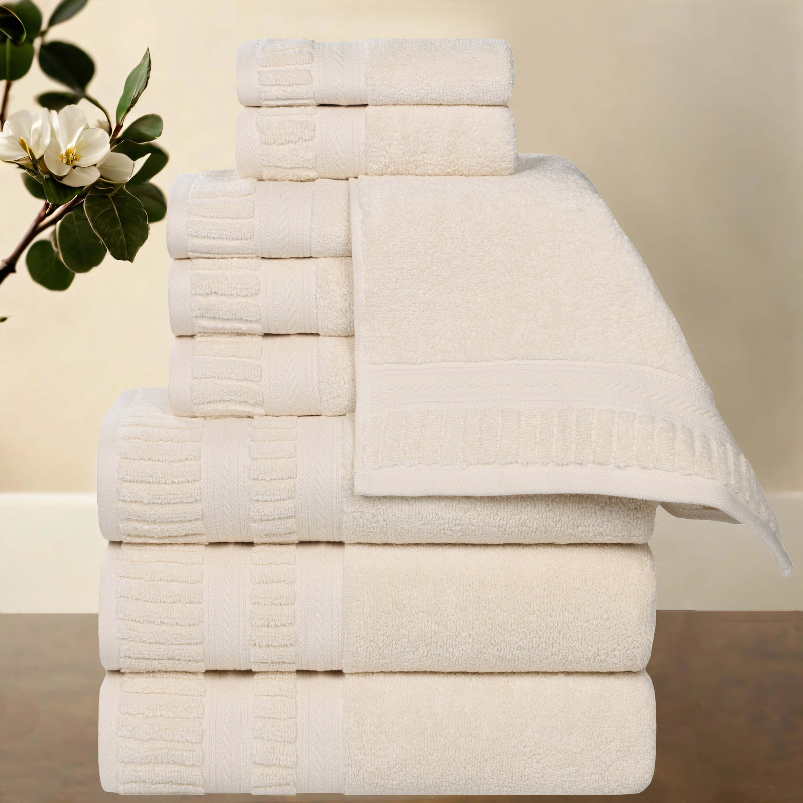 Zero-Twist Cotton Towel Set, Ivory, 9 Piece Towel Set