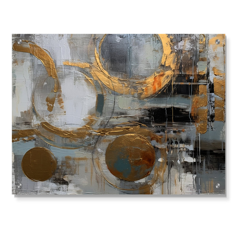 Or et gris Radical Simplicity II - abstrait art mural Mid-Century en acrylique, H 16 po x l 32 po