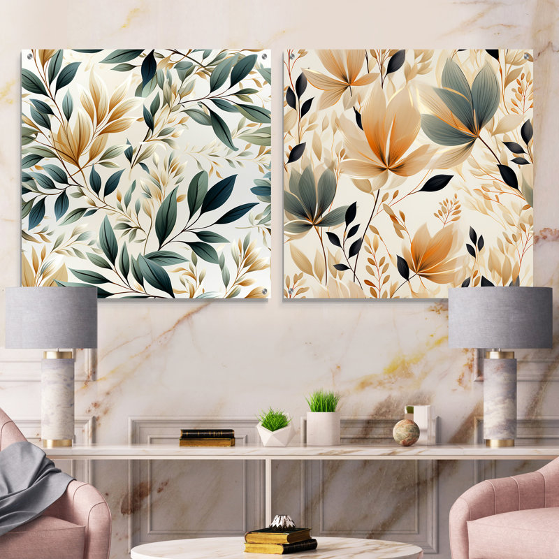 «Neutral Leaves II - Plants», ensemble de 2 verres muraux en acrylique, H 30 po x l 61 po