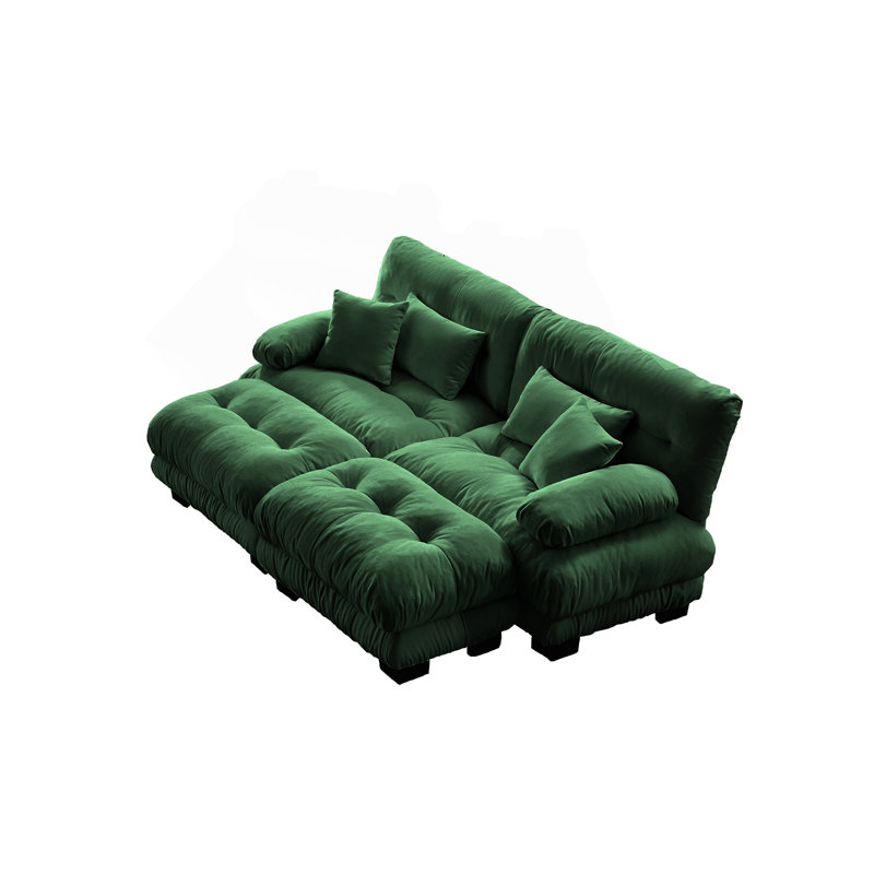 Canapé-lit Cloud pour le salon, canapé 2 places en chenille avec 2 coussins lombaires et 2 coussins décoratifs, canapé rembourré à accoudoirs larges avec 2 repose-pieds, vert chenille