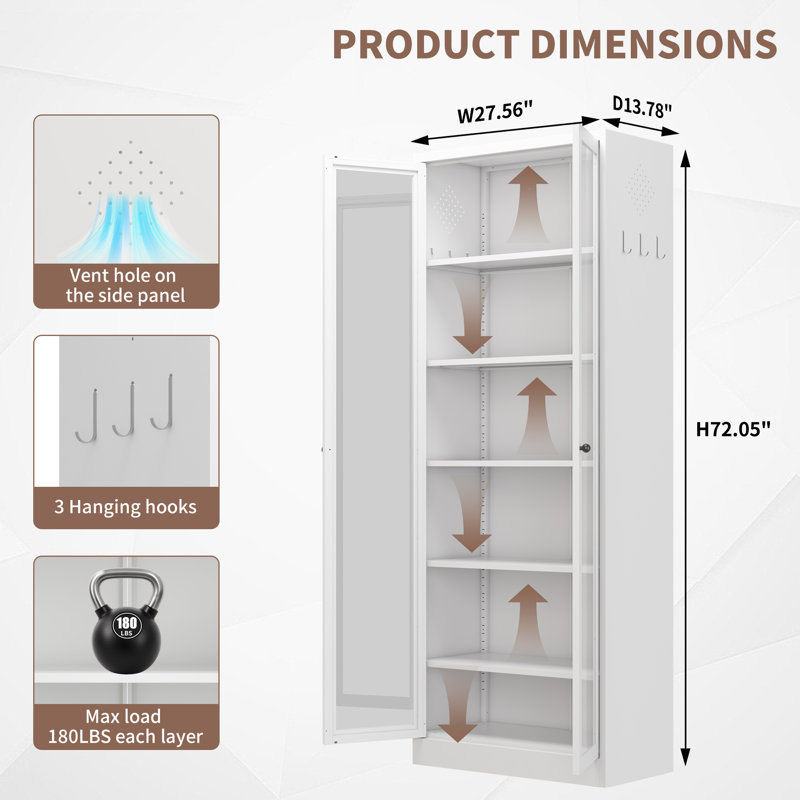 White 72 Inch 2 Door Metal Storage Cabinet with Tempered Glass Doors, 5 Adjustable Shelves for Kitchen Pantry Home Office
