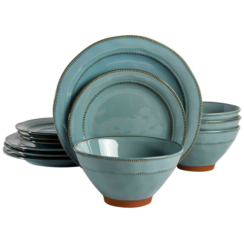 Teal Ceramic 12-Piece Dinnerware Set with Reactive Glaze