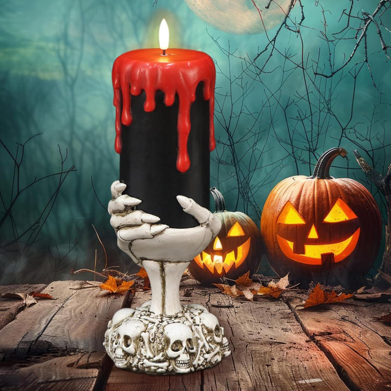 Flickering Flameless Ghost Hand Candles:4×11 Inches, Battery Operated, Black Wax, 3D Wick & Red Blood Dripping