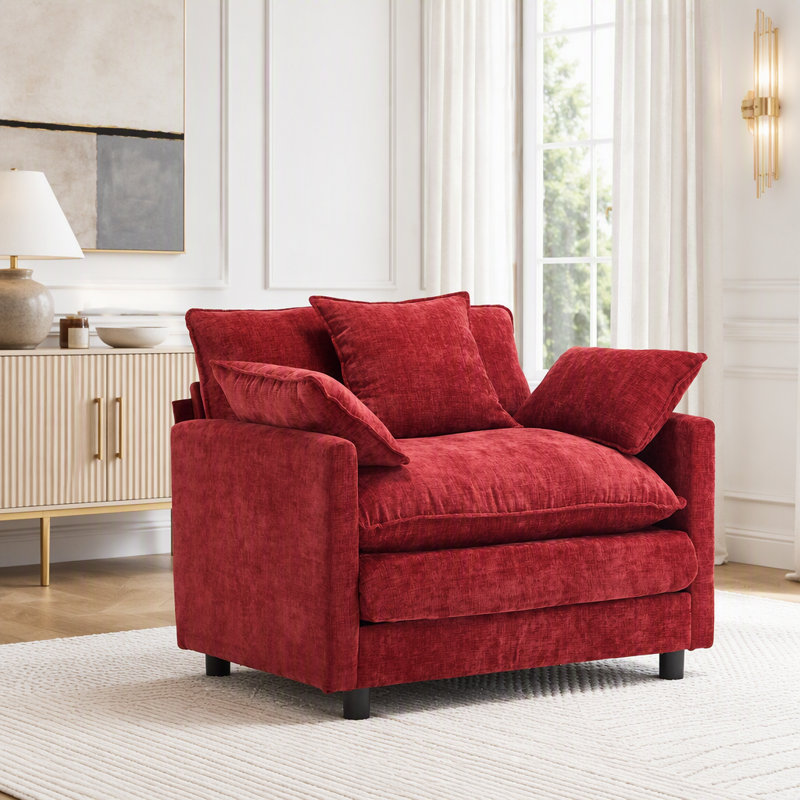 Chaise d'appoint moderne avec repose-pieds, tissu chenille, structure en bois massif, Tissu rouge vin