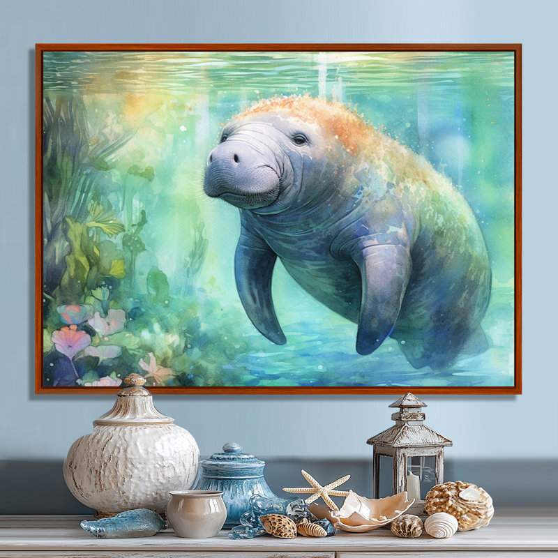 Gentle Manatee II - Art mural de lamantin pour le salon, H 12 po x l 20 po x P 1 po, Cadre flottant brun