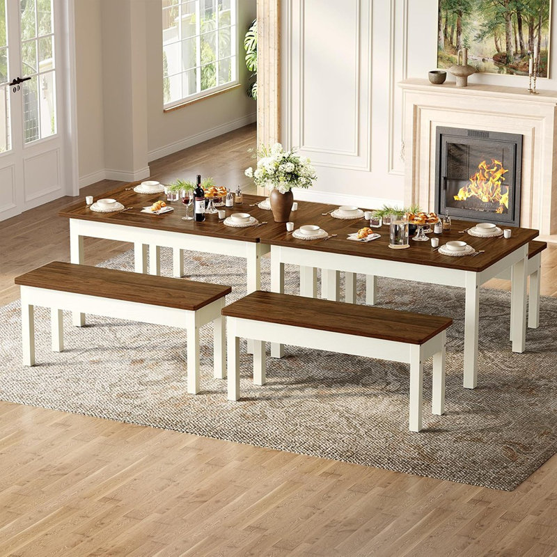 Ensemble de table de salle à manger pour 4 personnes, petites chaises de cuisine de style maison de campagne compactes, meubles de cuisine et de salle à manger compacts 3 pièces avec 2 bancs en bois