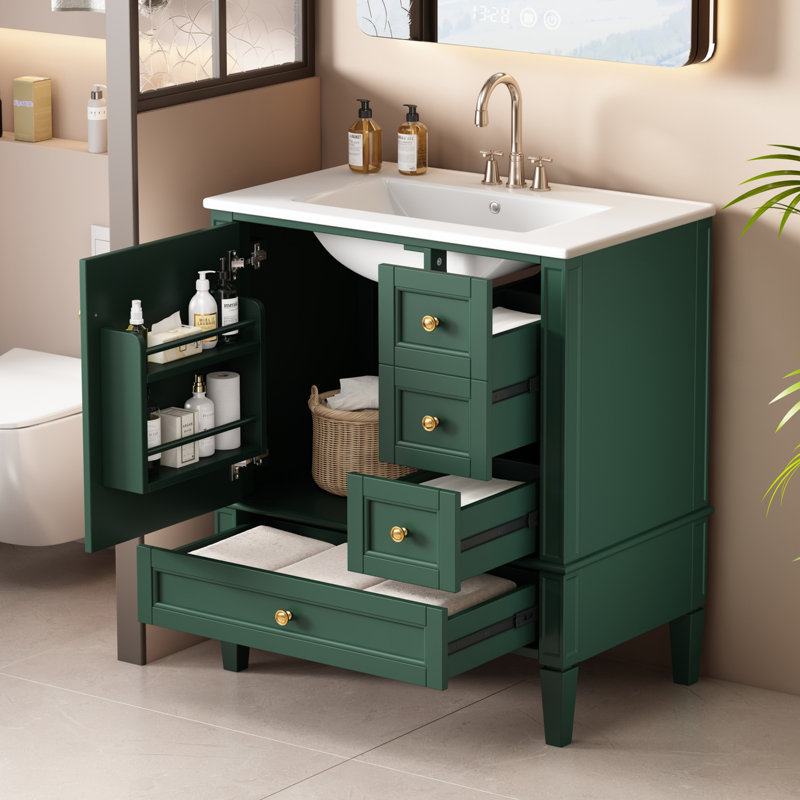 Meuble-lavabo moderne de 30 po avec lavabo en céramique, meuble-lavabo à 3 tiroirs et cadre en bois massif, Vert