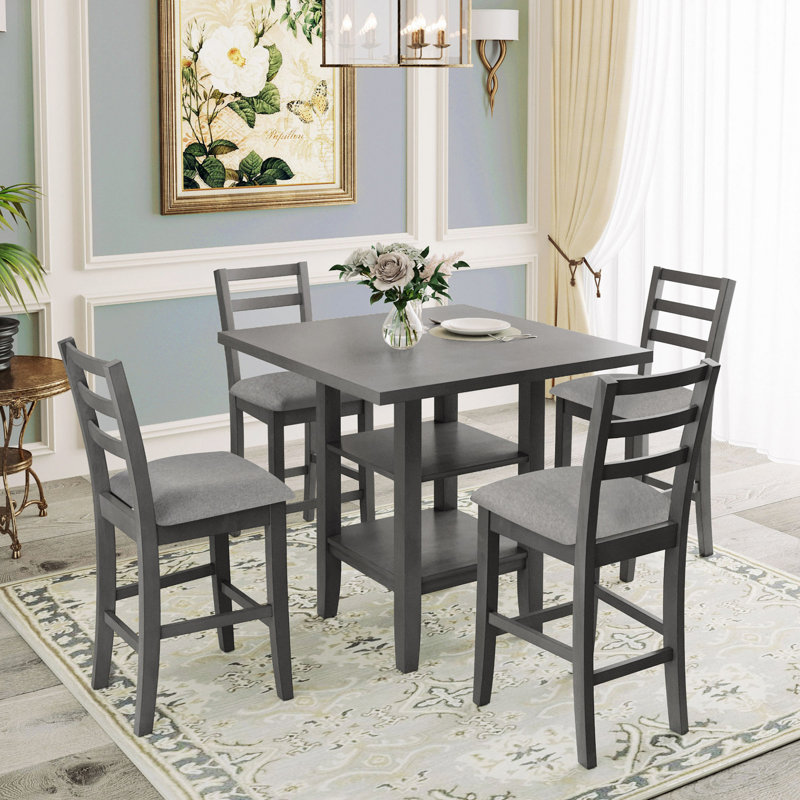 Ensemble de salle à manger 5 pièces à hauteur de comptoir en bois avec chaises rembourrées et étagères de rangement, Gris