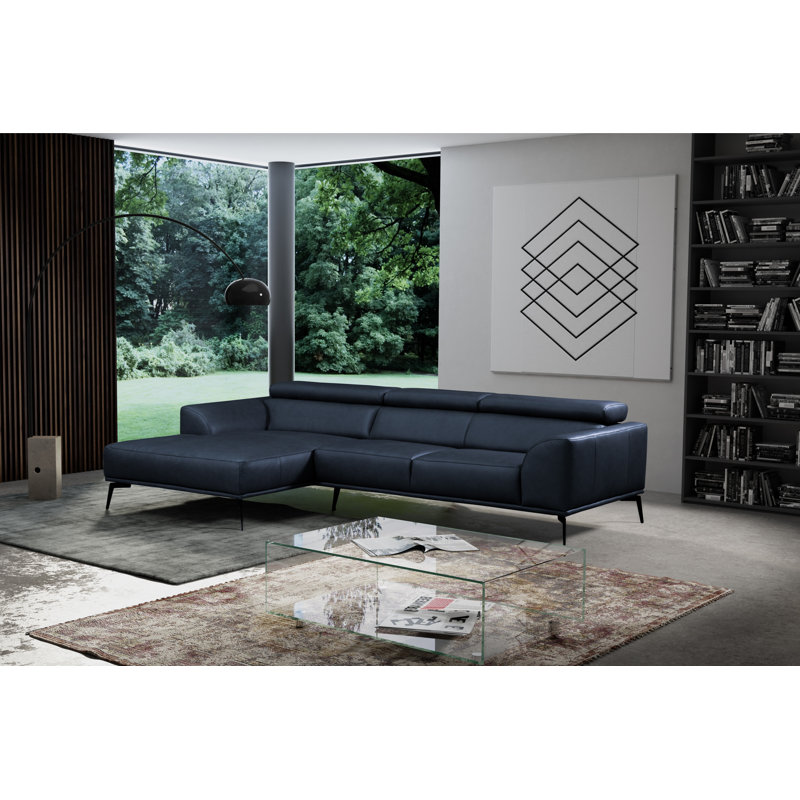 Blagovesta Genuine Semi-Aniline Leather Corner Sofa with Upholstered Frame, Dark Sky Blue, Left Hand Facing