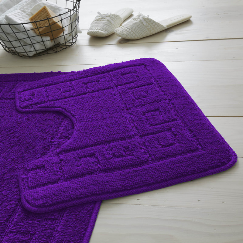 2 Piece Bathroom Rug Set Greek Key Pattern Bath Mat & Pedestal Mat Non Slip Rubber Back Soft Absorbent Mats, Purple