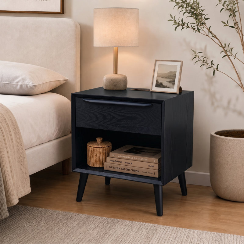 Mid Century Modern Nightstand with Charging Station, Retro Wooden End Table Living Room with Open Shelf & Large Storage Drawers, Side Table for Bedroom, Office, Black
