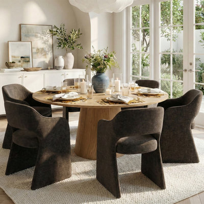 6 - Person Dining Table Sets With Round Table & 6 Upholstered Chenille Chairs