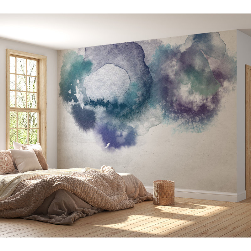 Murale abstraite pelez et collez - gouttes d'aquarelle bleues, L 82 po x l 115 po