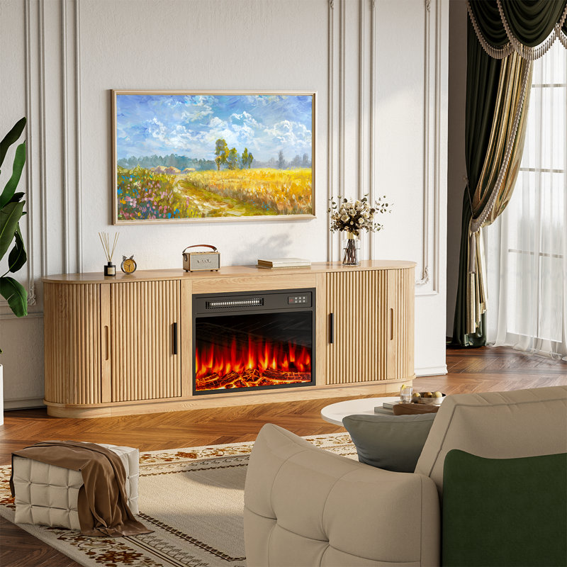 Curved Fireplace TV Stand, Entertainment Center with 23" Fireplace, 70" Wooden TV Stand for TVs Up to 80", Curved Edge, Entertainment Center with Sliding Doors for Living Room, Natural Wood