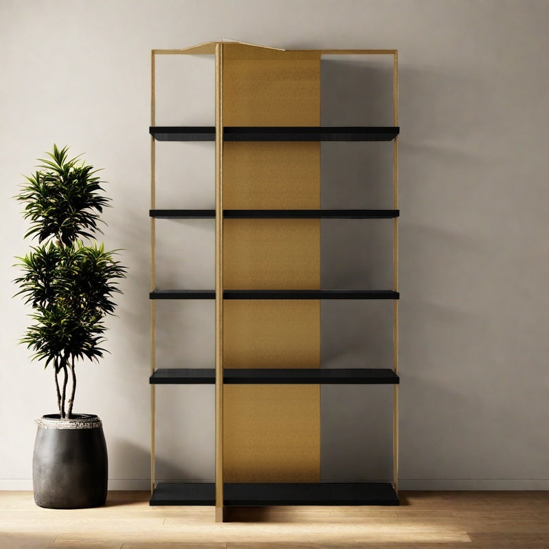 Bibliothèque de luxe minimaliste et légère, (5 tablettes) H 78,7 po x l 39,3 po x P 11,8 po, Noir et or