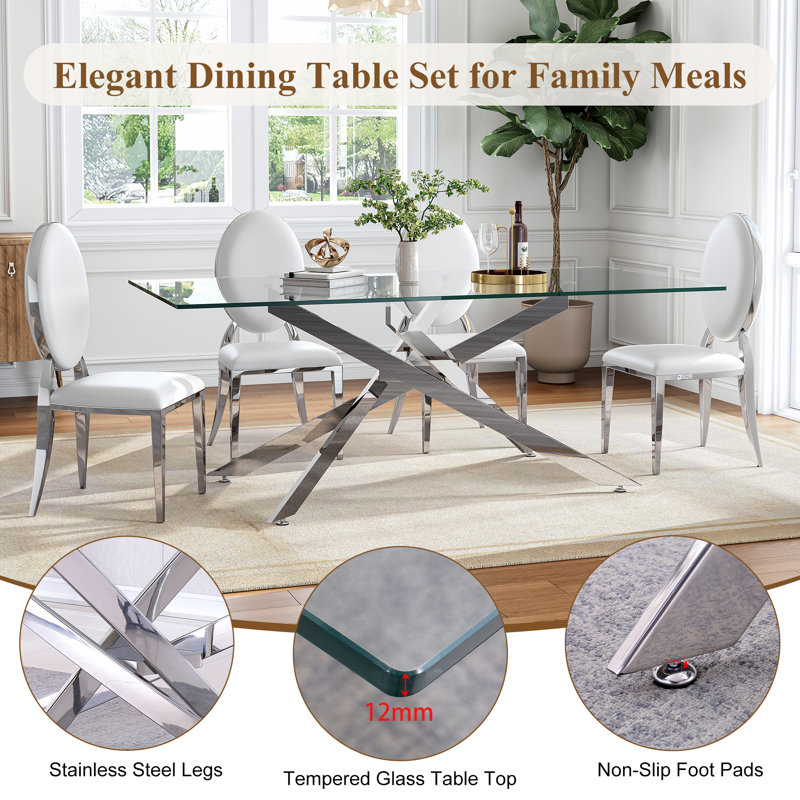 Modern Rectangle Dining Table Set For 8, 78.7" Tempered Glass Top And Stainless Steel Base With Oval PU Leather Dining Chairs