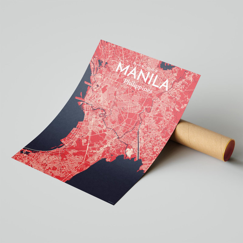 Manille, carte de la ville, impression, H 24 po x l 18 po, Rouge / Bleu marine
