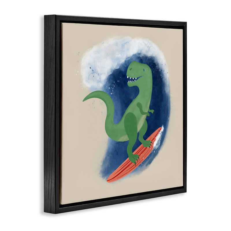«Surfing Dino T-Rex», art mural encadré flottant par Carrie Cantwell, Cadre flottant noir de jais, H 18 po x l 18 po