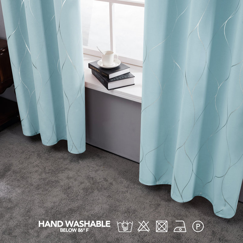 Seligman Wave Foil Printed Room Darkening Thermal Curtains, Width 132 x Drop 138 cm, Sky Blue