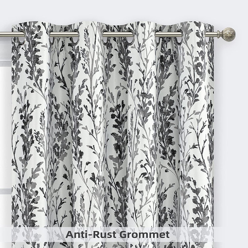 Rideau doublé à motif floral Rawlins, Noir anthracite / blanc