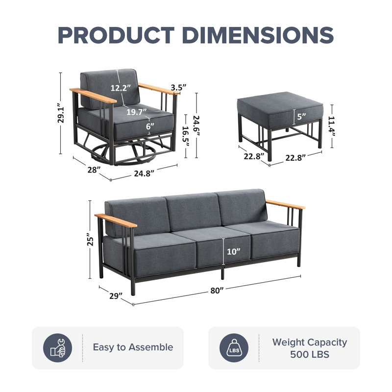 Ensemble de patio 5 pièces en osier avec canapé, 2 chaises berçantes pivotantes et repose-pieds, Gris, Noir