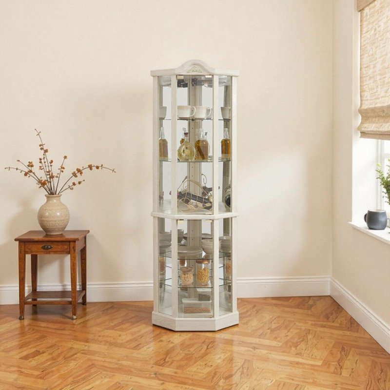 Carved Corner Display Cabinet with Adjustable Glass Shelves, Push-Open Doors for Wine & Collectibles, White