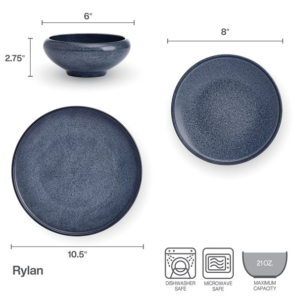 Mikasa Rylan 12-Piece Dinnerware Set - Service For 4, Blue Speckled Stoneware | Includes Dinner Plates, Salad Plates, Bowls - View #3