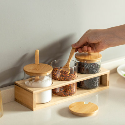 3-piece Glass Containers With Bamboo Lids And Tray Holder - Decorative Storage For Condiment Pots And Spice Jars - Coffee Station Accessories, Perfect Organizer For Home Kitchen Or Café