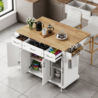 54.2-Inch Large Kitchen Island, Rubberwood Folding Countertop, Embossed Texture, 4-Wheel Movement, 4 Doors, 3 Drawers, Storage, Suitable For Kitchen And Dining Areas, White.
