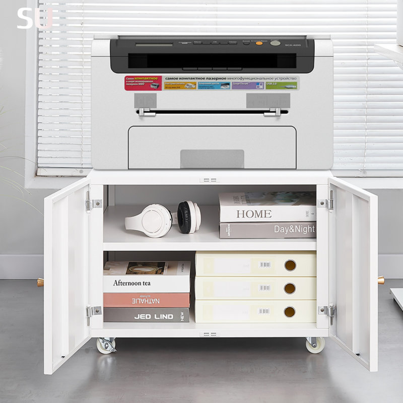 Support mobile pour imprimante en métal avec rangement, tablette réglable et roulettes pour le bureau à domicile, idéal pour les petits espaces et une organisation efficace.