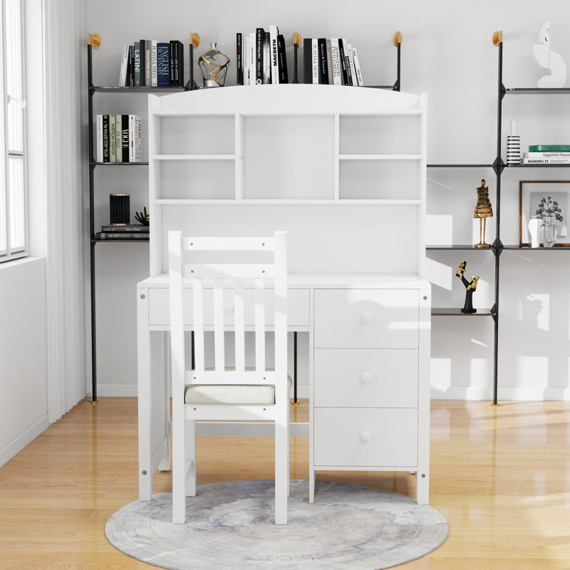 Ensemble de bureau de direction et bibliothèque avec tiroirs et chaise rembourrée l 40 ", Blanc