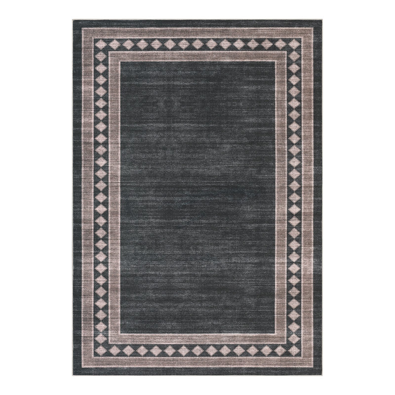 Washable Rugs for Living Room 9x12 Modern Geometric Area Rug, Low Pile Diamond Border Pattern Foldable Soft Carpet, Stain Resistant & Easy Cleaning Floor Mats for Home Office Decor, Black Brown