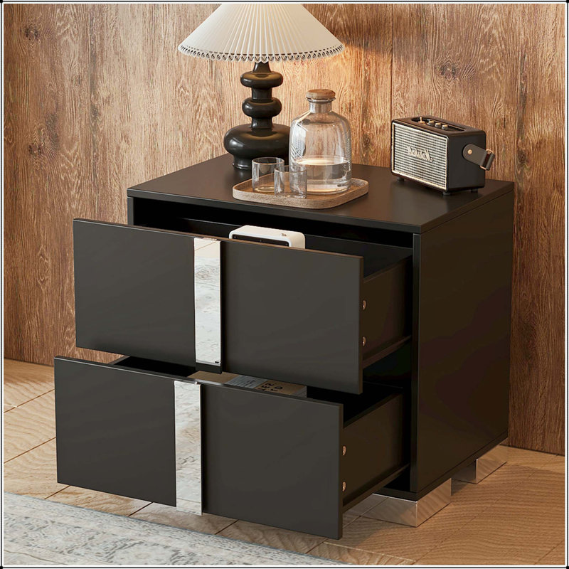 Table de chevet à miroir haute brillance avec 2 tiroirs et pieds en métal - noir, Noir