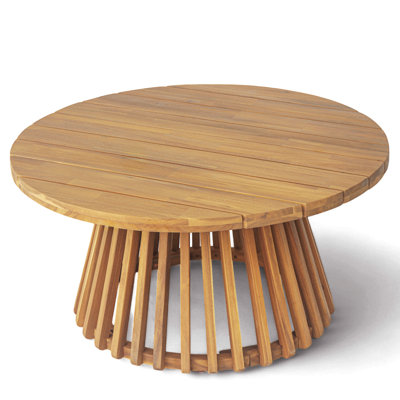 Round Outdoor Coffee Table with Distinctive Striped Wood Base – Solid Acacia Wood, Weather-Resistant, 31.5” Diameter, Easy Assembly