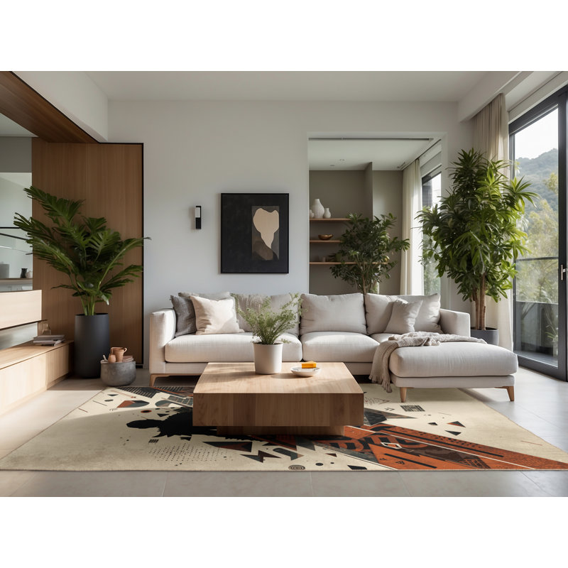Soft Plush Dunphy Nomadic Raider Industrial Abstract Area Rug in Beige – Beige Binding, 4x6
