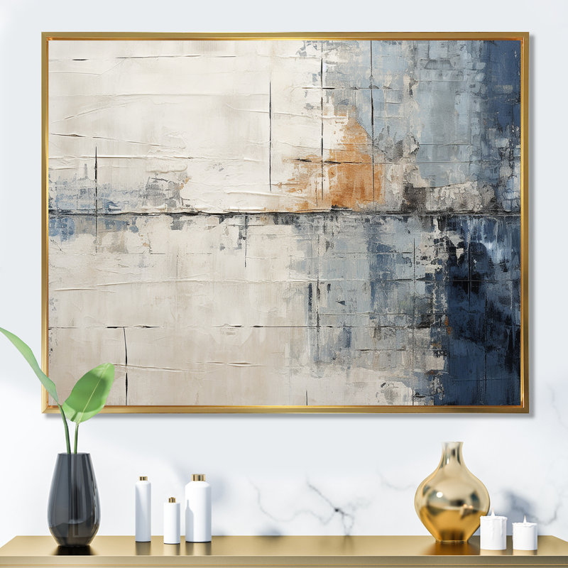 «Abstract Blue Beige Road Collage II», art mural abstrait, Cadre flottant doré, H 24 po x l 32 po x P 1 po