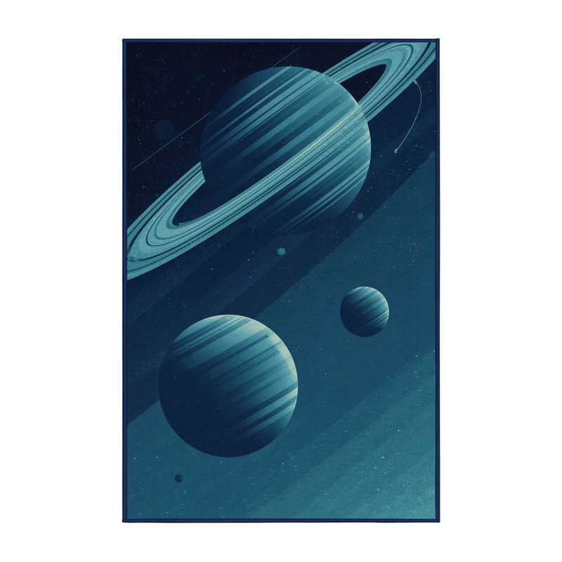 Machine Washable Percilla Exoplanet Illustration Modern & Contemporary Striped Rug in Blue – Navy Binding, 4x6