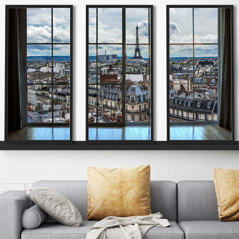 Ensemble de 3 reproductions d’art sur toile sur cadre flottant « Paris Rooffaces 8 window », H 33,5 po x l 52,5 po x P 2 po