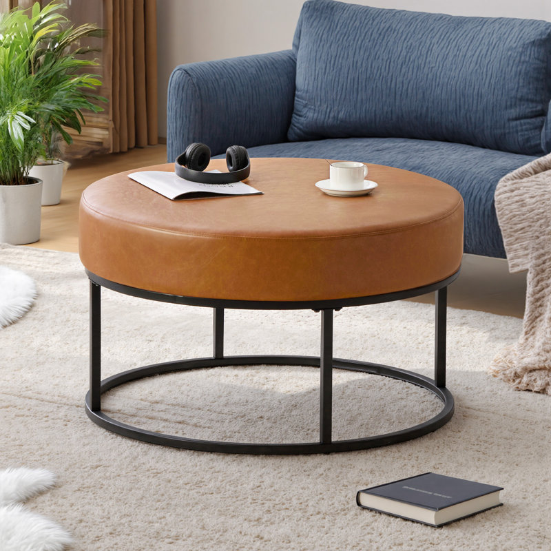 31.5'' Round Upholstered Ottoman with Storage Iron Frame, Brown