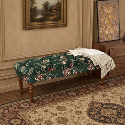Fauteuil de style européen avec banquette capitonnée à motifs floraux et pieds en bois tourné, vert