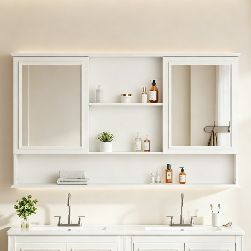 Armoire à pharmacie blanche pour salle de bain de 60 po de large avec portes à double miroir et tablettes ouvertes Baume