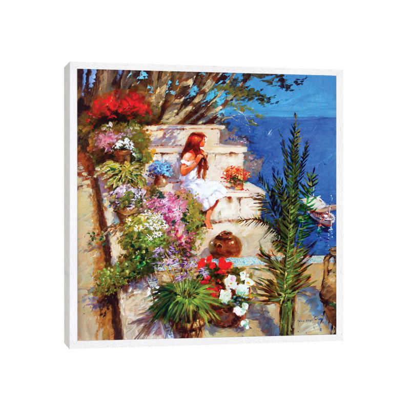 Mallorcan Terrace by John Haskins - Painting on Canvas, 66.04cm H x 66.04cm W x 3.81cm D, White Framed