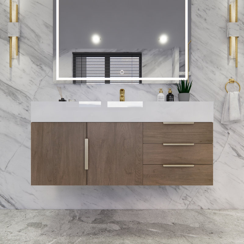 Glasgow 48'' Single Bathroom Vanity with Acrylic Top, Glossy White, Light Oak