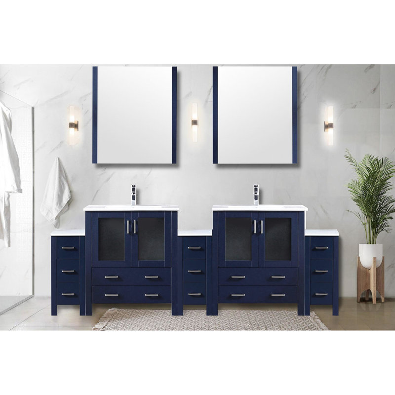 Meuble-lavabo double bleu marine, 96 po Largeur, profondeur de 17,98 po, plateau en céramique blanche, 28 miroirs, mécanisme de fermeture en douceur, meuble-lavabo avec teinture bleu, P, comptoir, tiroirs, durabilité à long terme