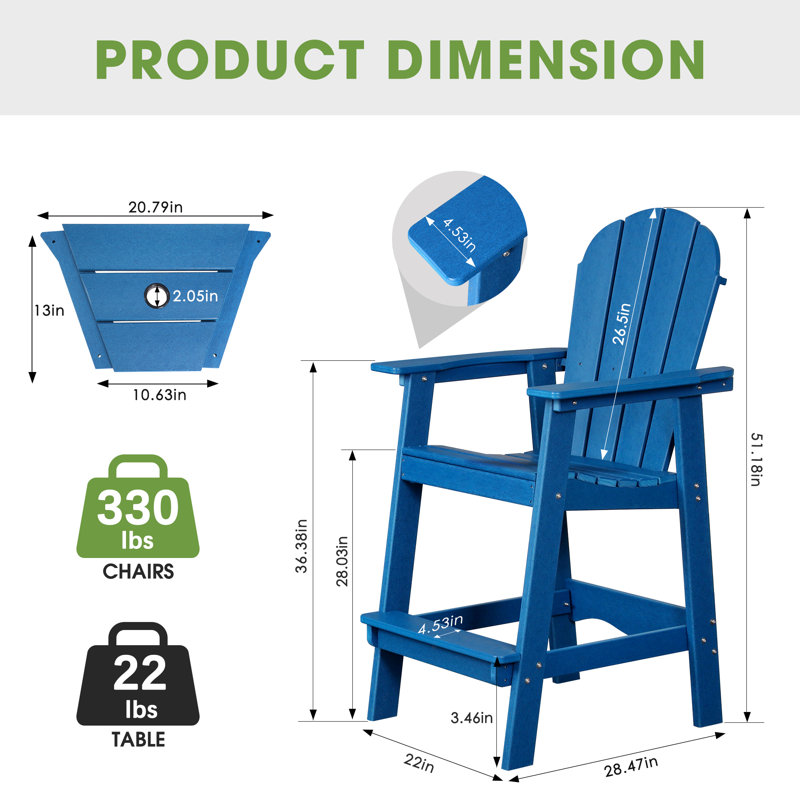 HDPE Tall Adirondack Chair Set with Table, Blue